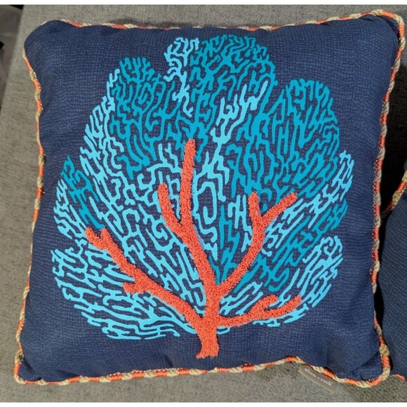2 x Allen + Roth CORAL Beach Pattern Indoor Outdoor Throw Pillow 15 x 15 - Picture 2 of 5